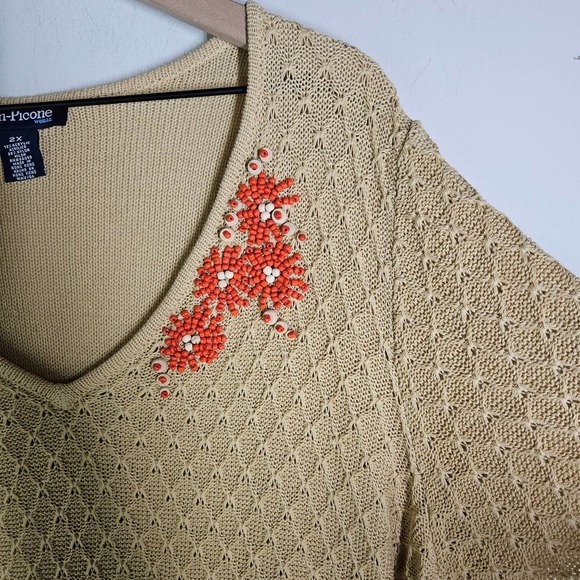 Boho Beaded Short Sleeve Sweater Top V-Neck Women's 2X Plus Tan Orange - Picture 4 of 8